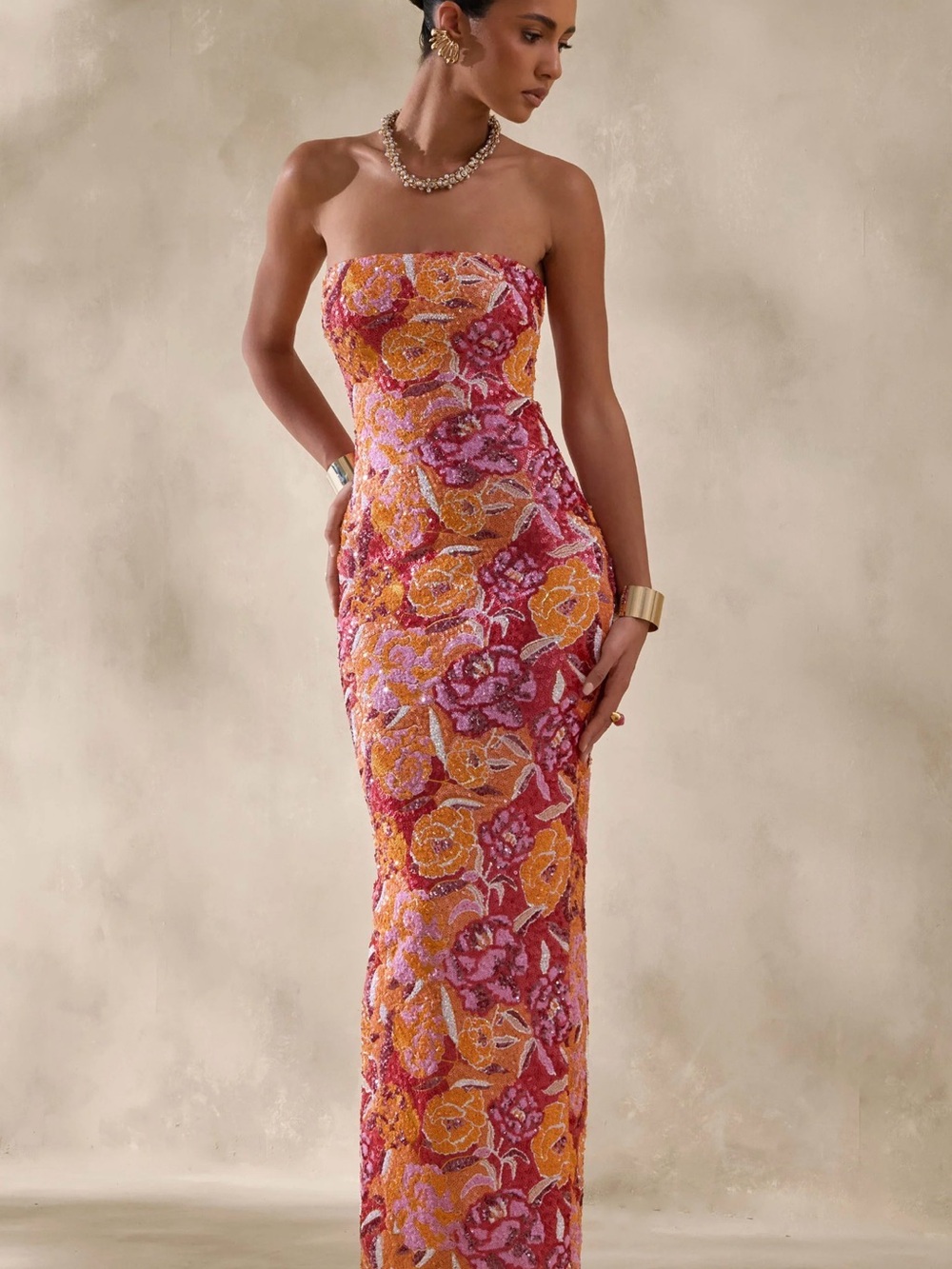 Strapless Floral Sequin Column Dress in Pink & Orange